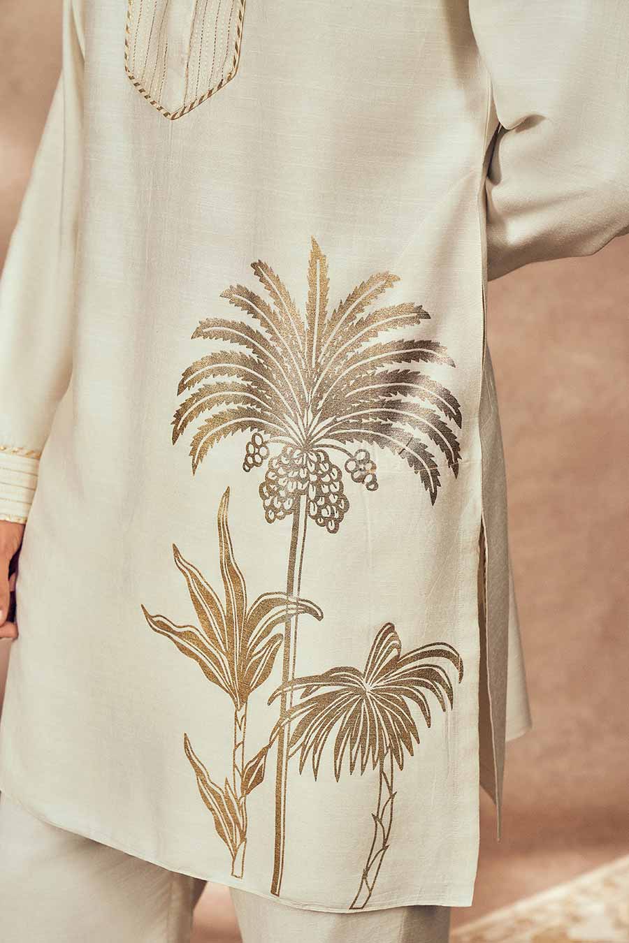 Ivory Palm Blooms Printed Kurta