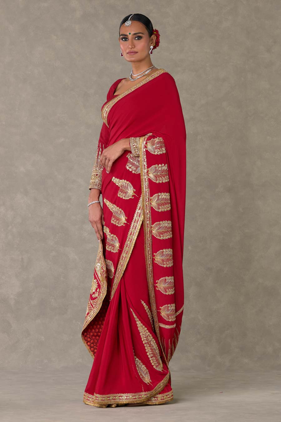 Red Son-Patti Embroidered Saree with Blouse Piece