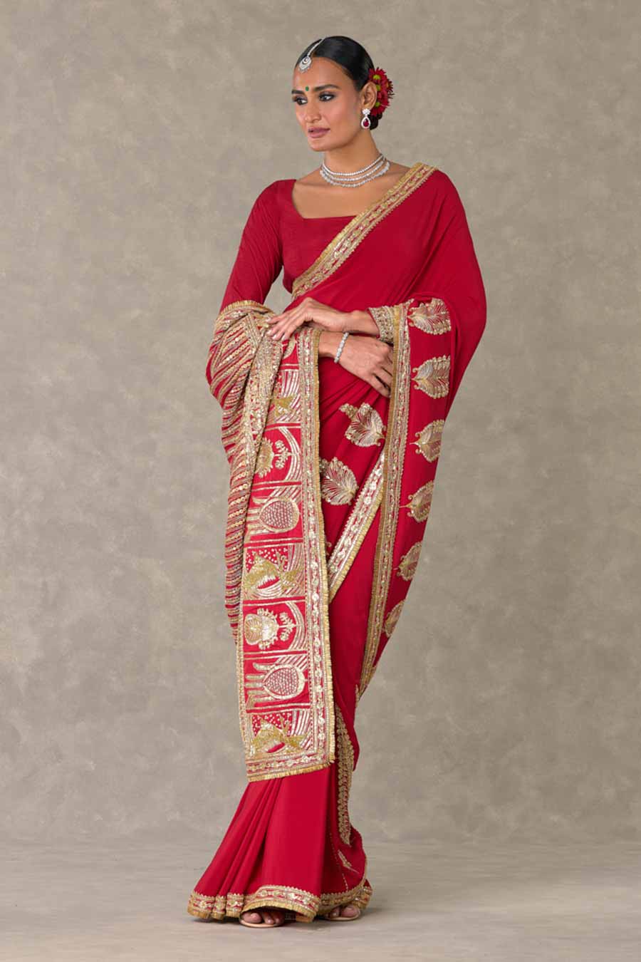 Red Son-Patti Embroidered Saree with Blouse Piece