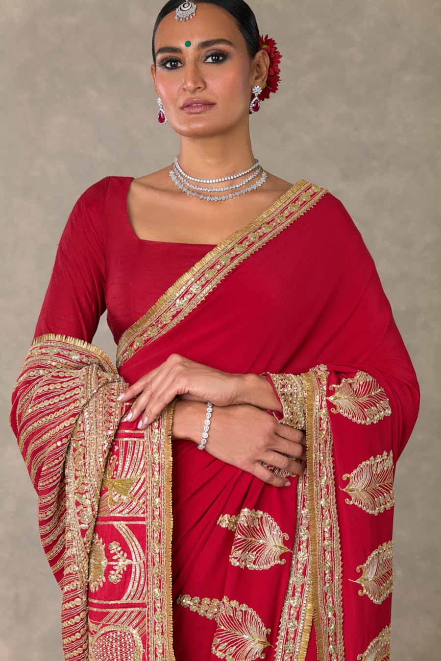 Red Son-Patti Embroidered Saree with Blouse Piece