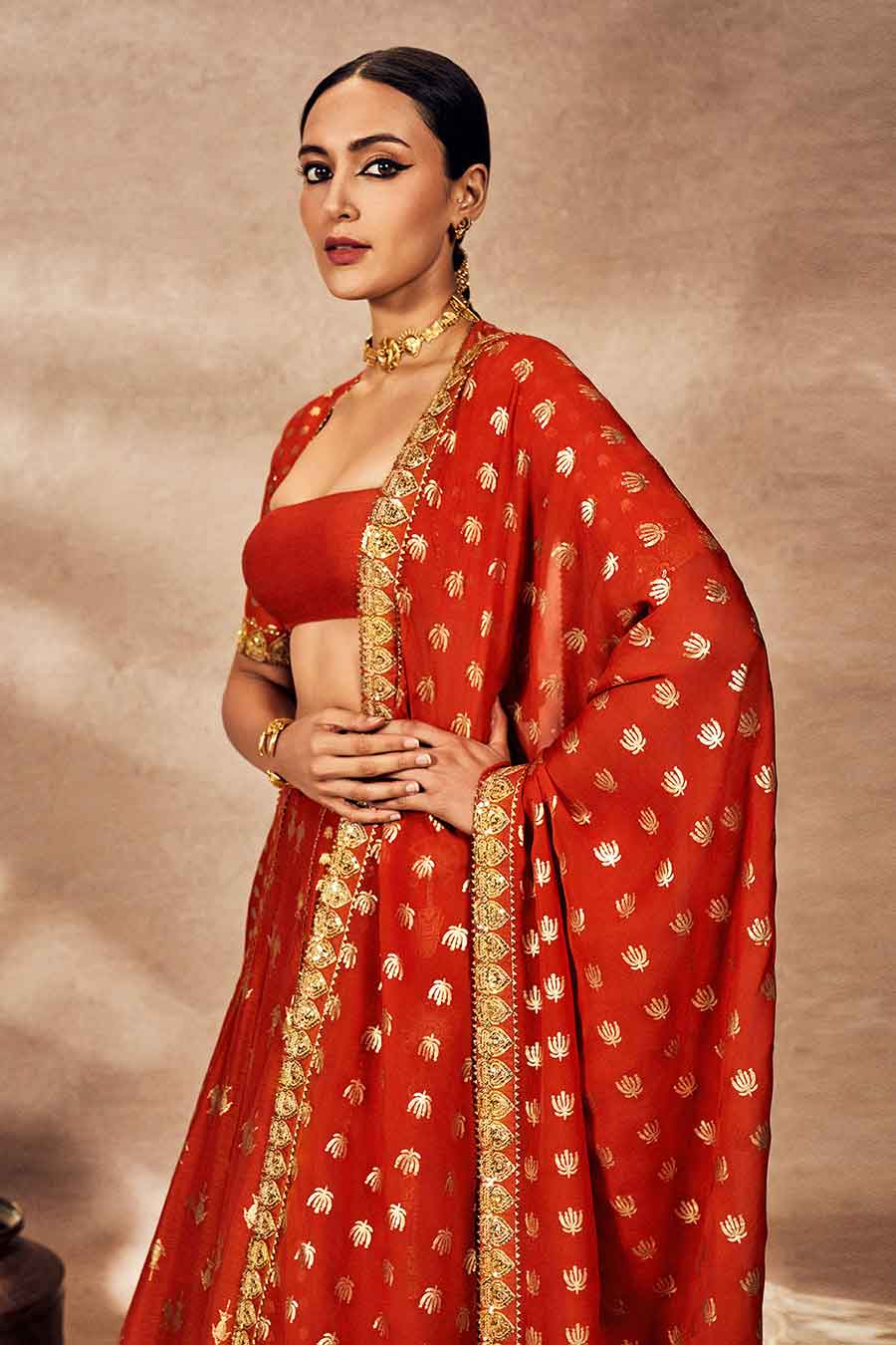 Rust Foil Embellished Lehenga Set