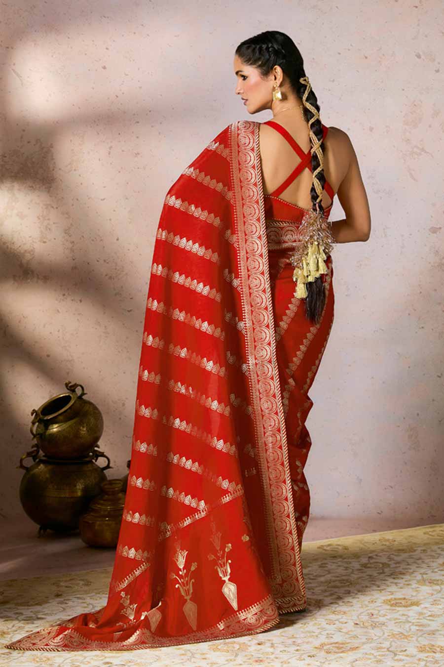 Red Jacquard Saree With Blouse Piece