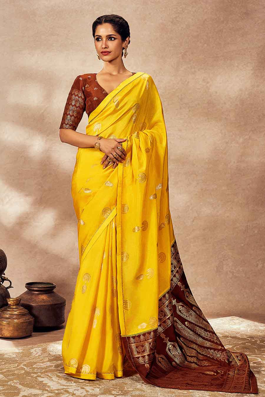 Yellow Jacquard Saree With Blouse Piece