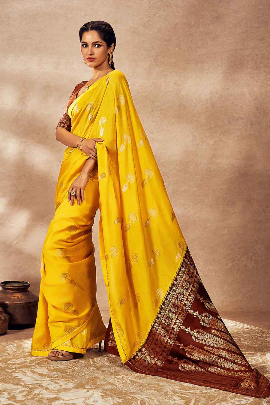 Yellow Jacquard Saree With Blouse Piece