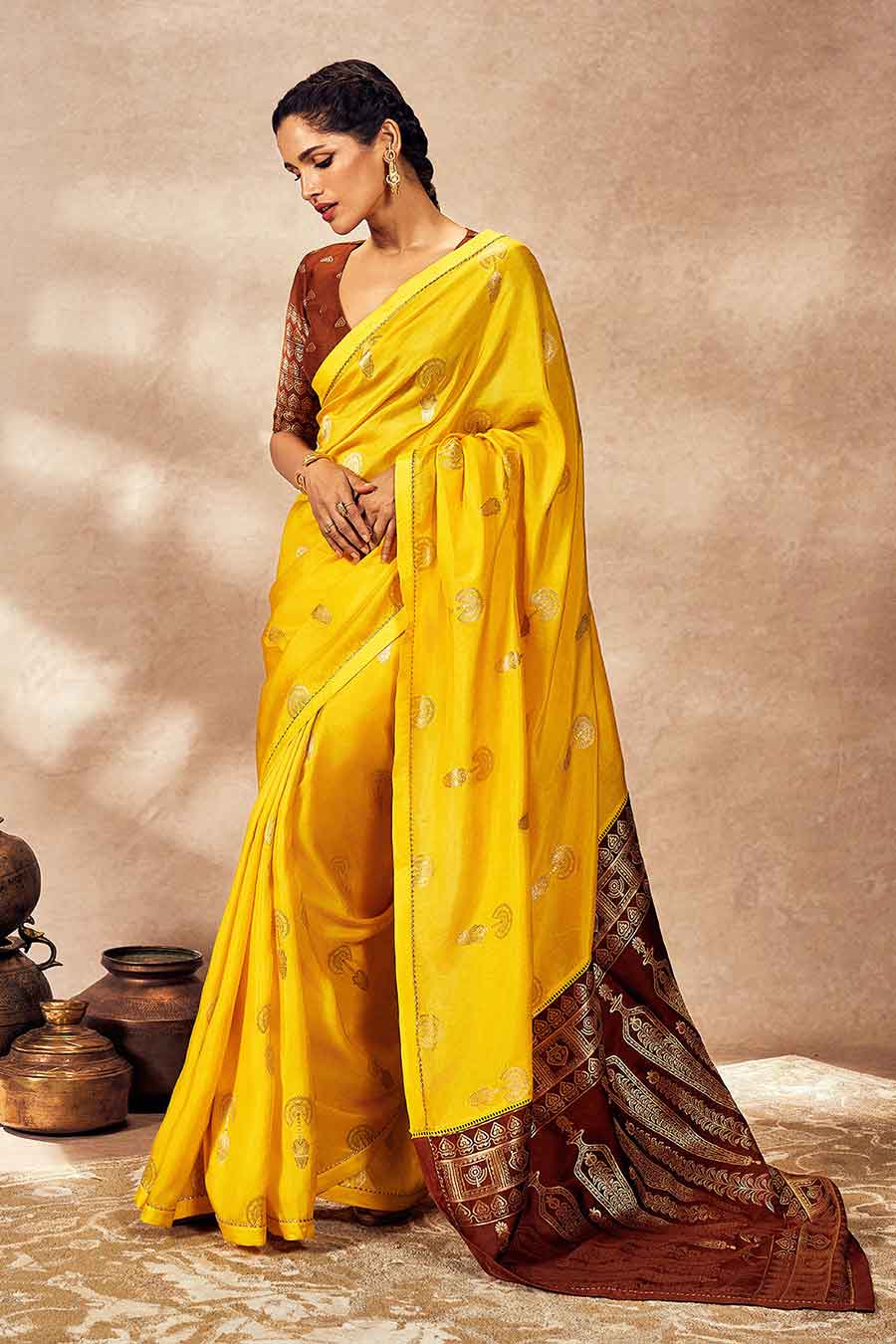 Yellow Jacquard Saree With Blouse Piece