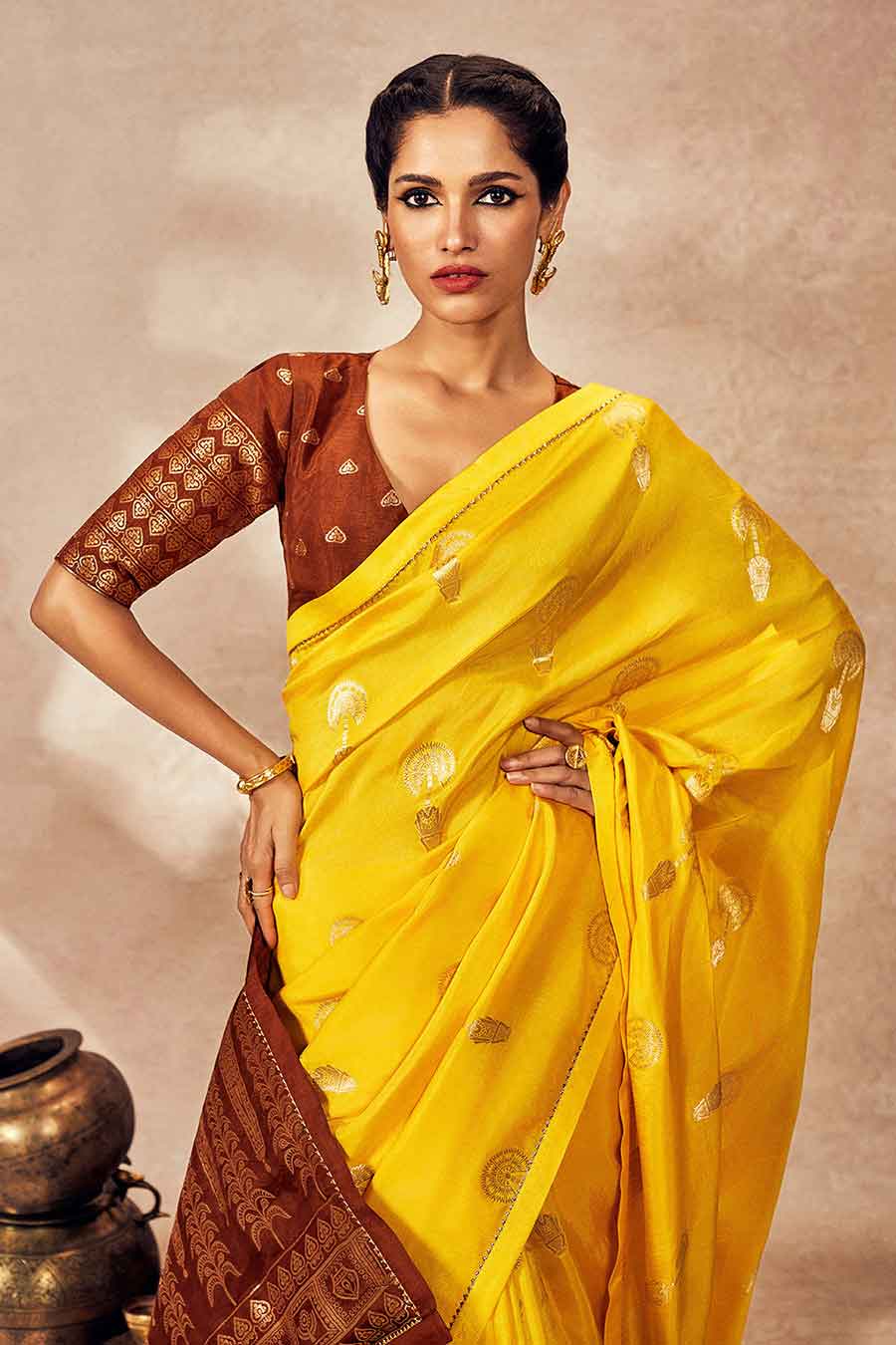 Yellow Jacquard Saree With Blouse Piece