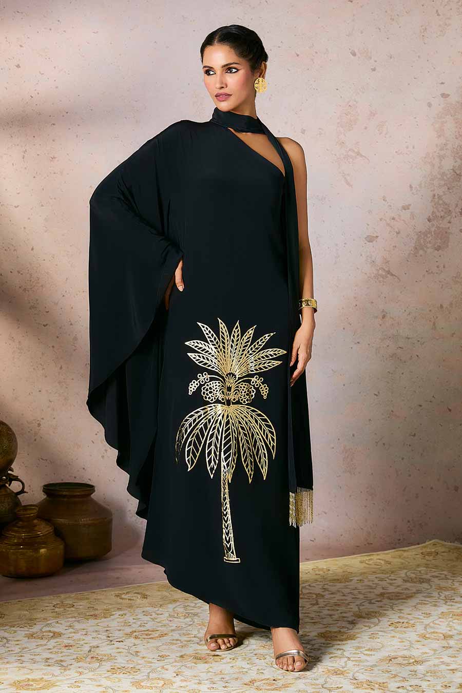 Black Tropical Printed One-Shoulder Kaftan