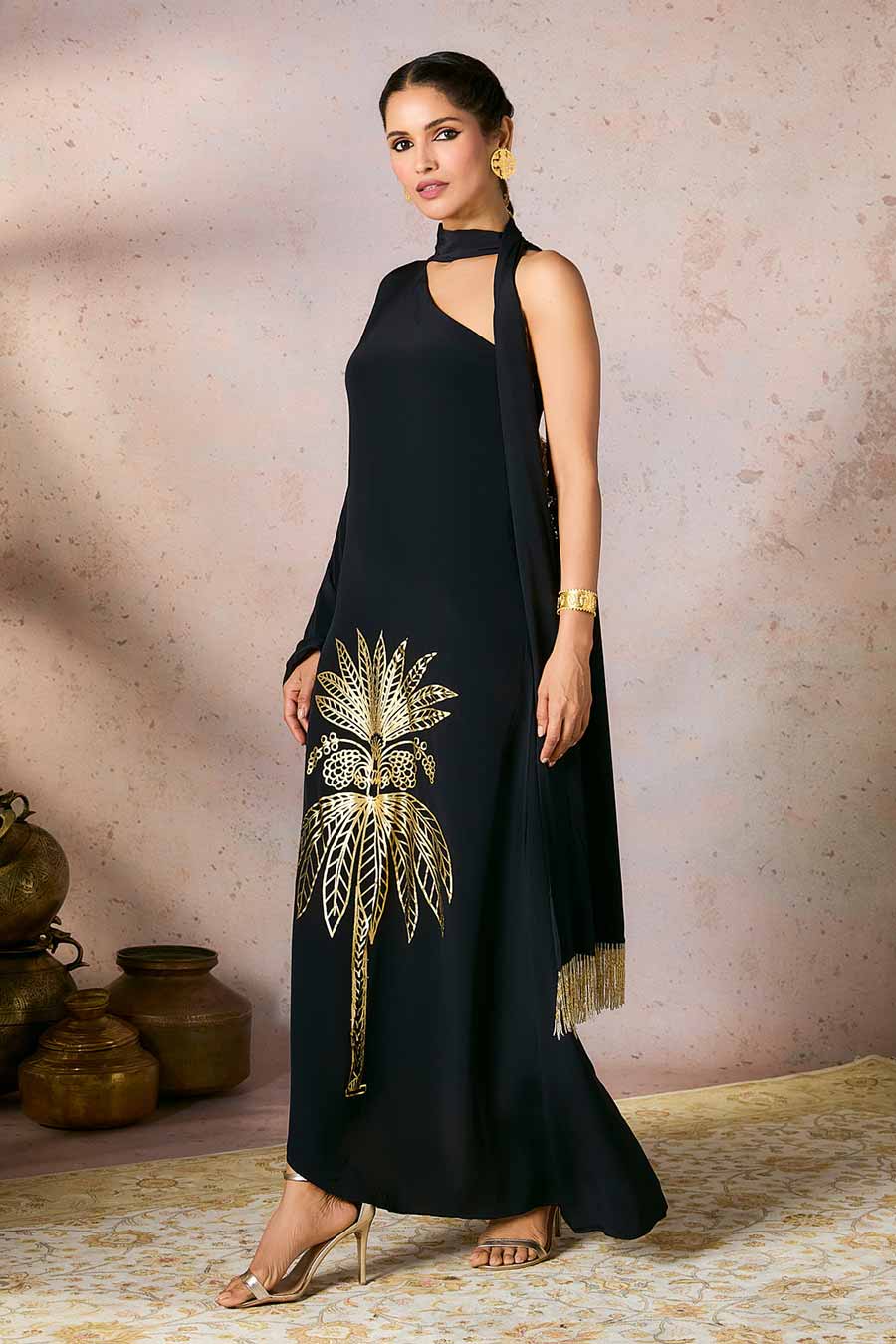 Black Tropical Printed One-Shoulder Kaftan