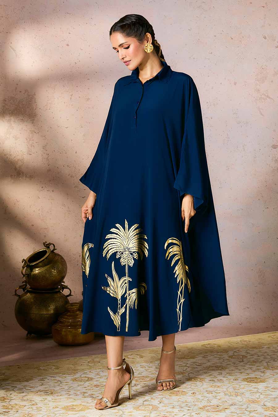 Blue Palm Foil Printed Kaftan