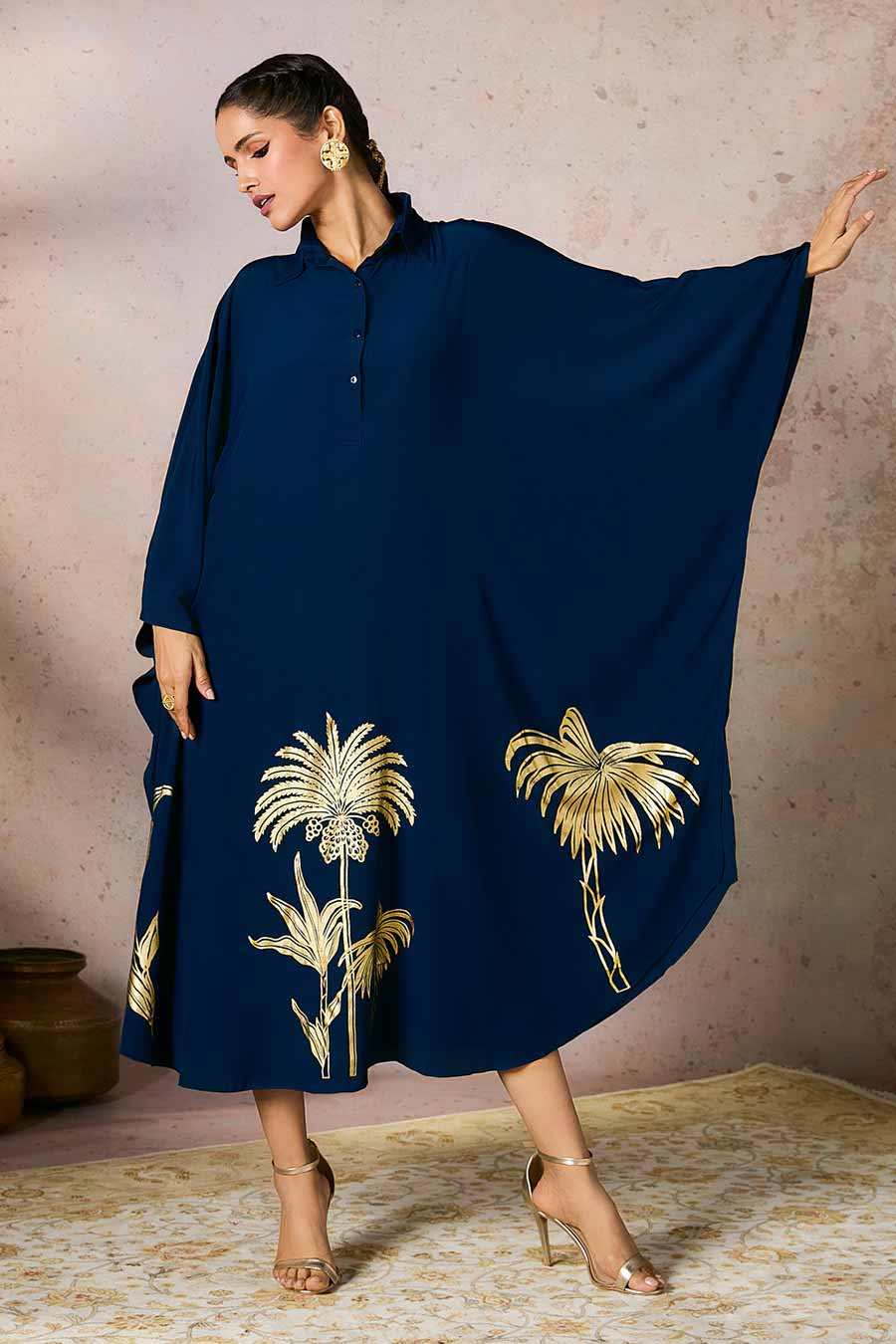 Blue Palm Foil Printed Kaftan