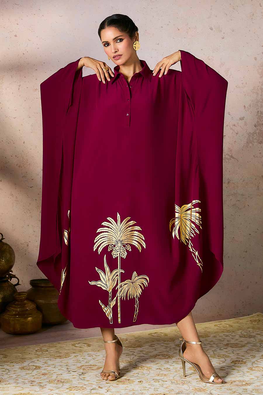 Cranberry Palm Foil Printed Kaftan