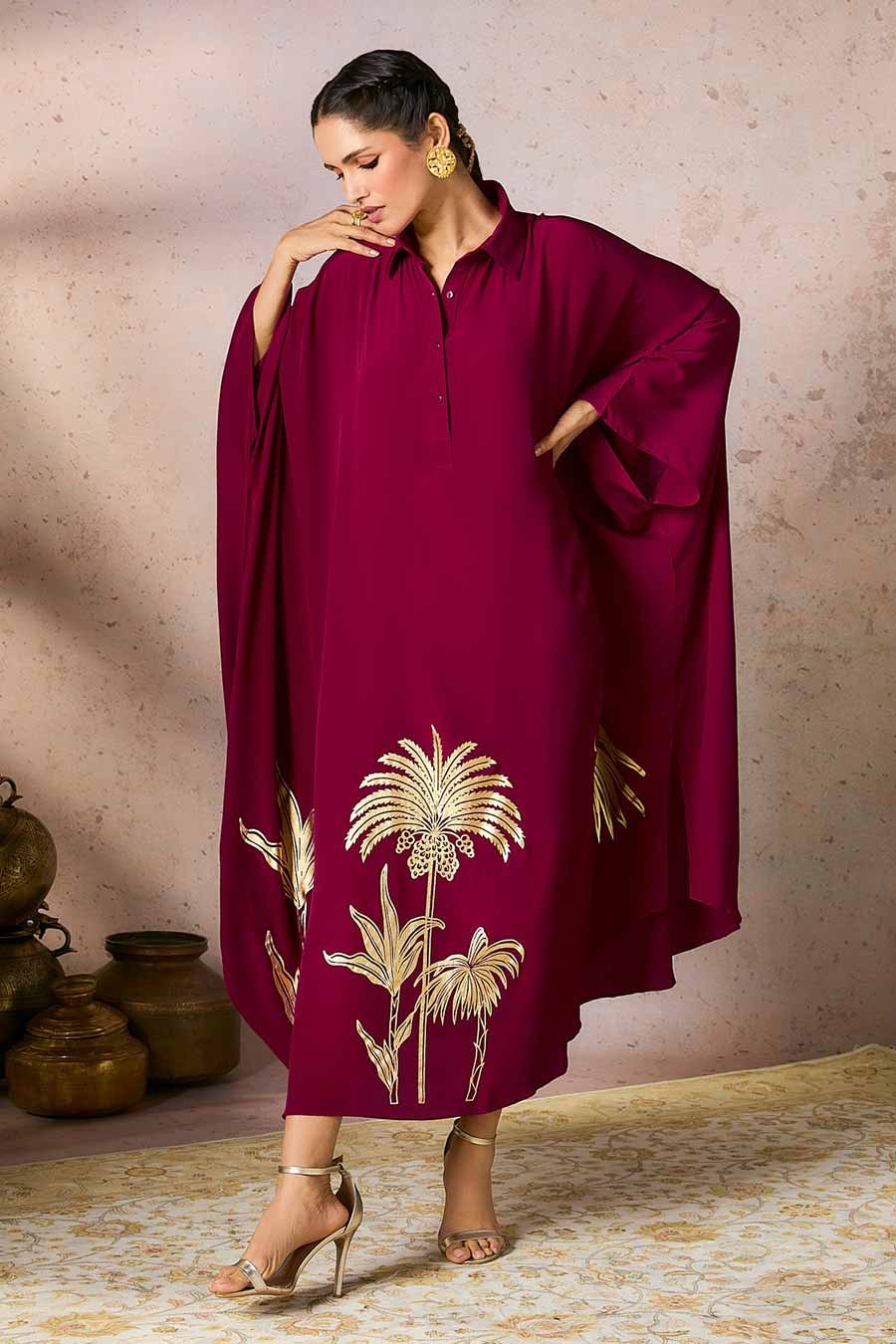 Cranberry Palm Foil Printed Kaftan