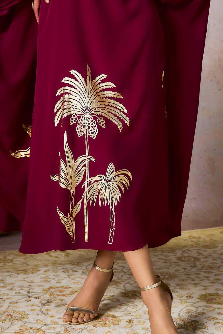 Cranberry Palm Foil Printed Kaftan