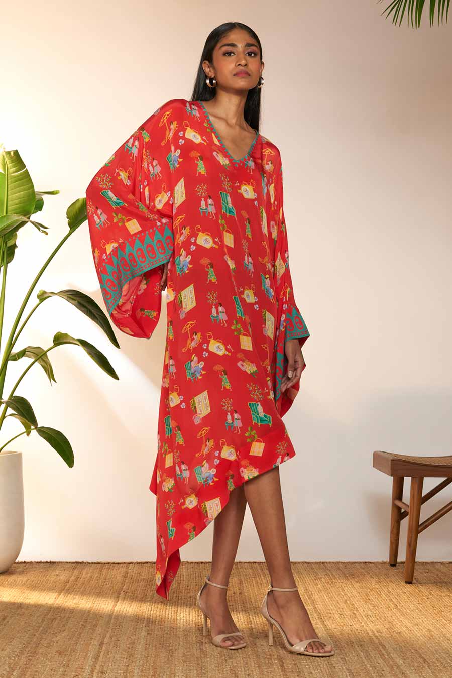 Red Printed Asymmetrical Kaftan Dress