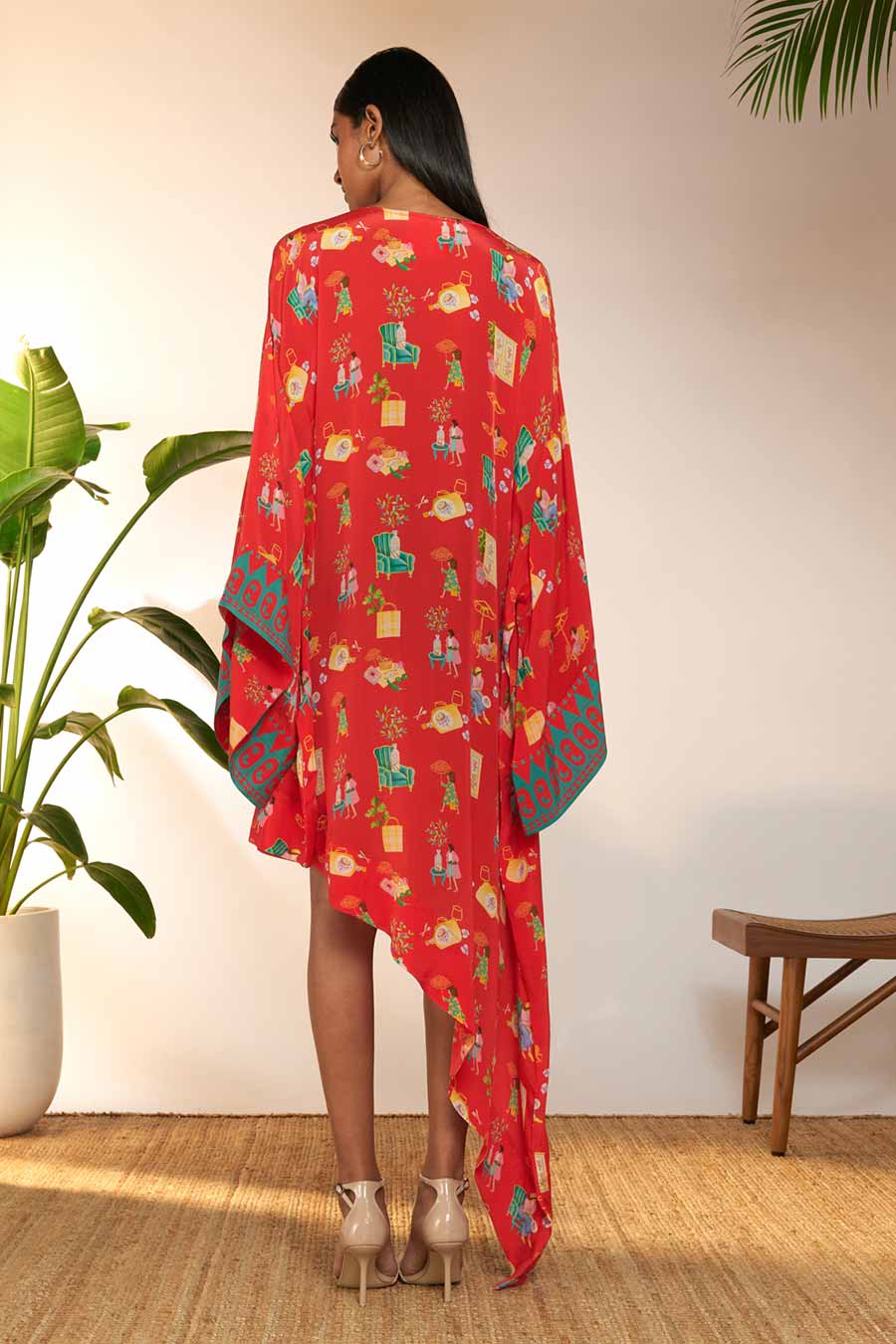 Red Printed Asymmetrical Kaftan Dress