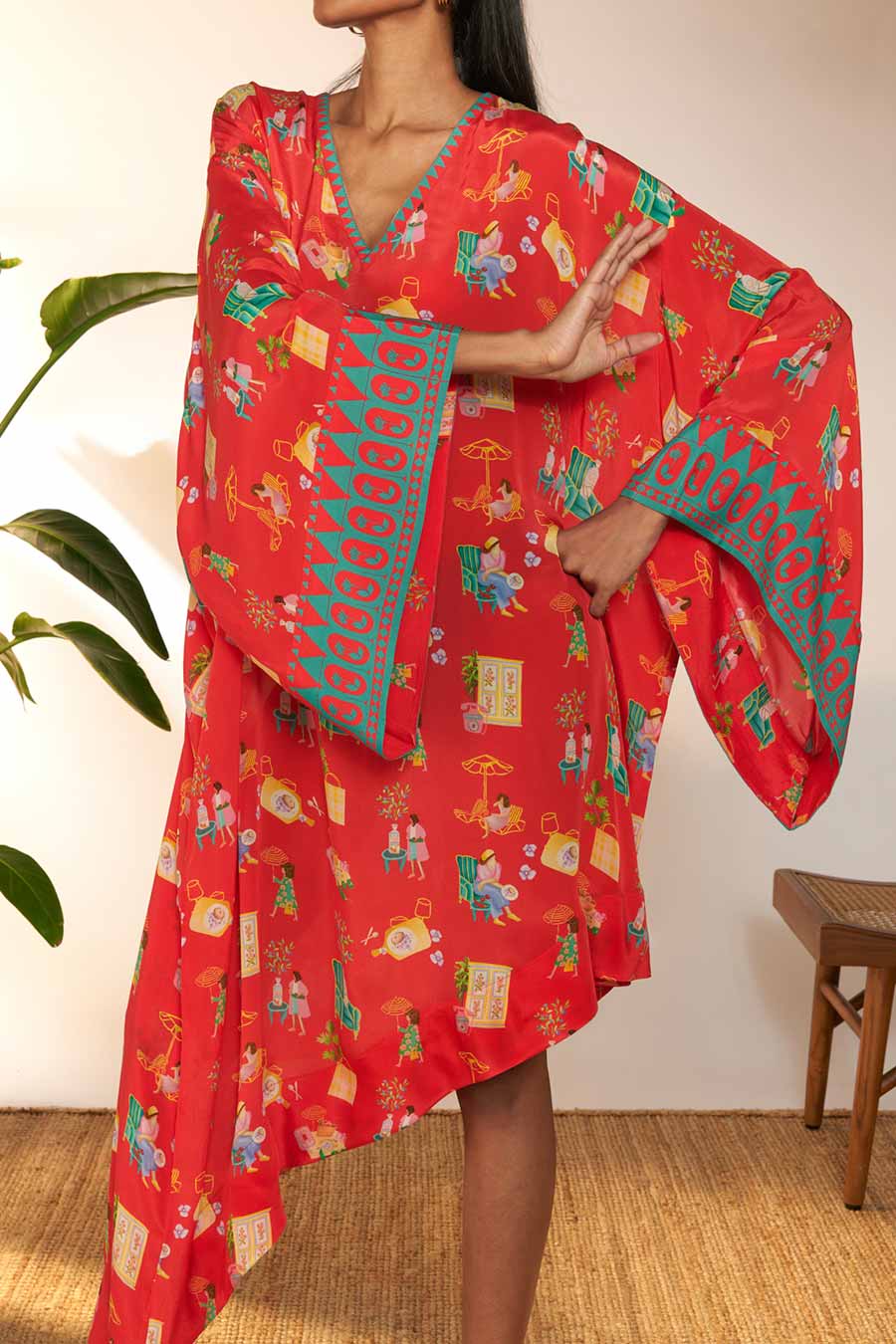 Red Printed Asymmetrical Kaftan Dress