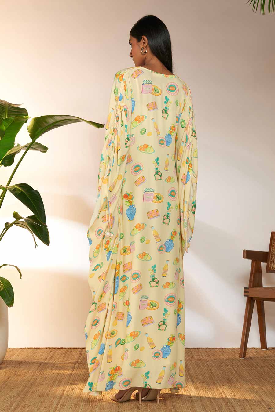 Ivory Printed Ruched Long Kaftan