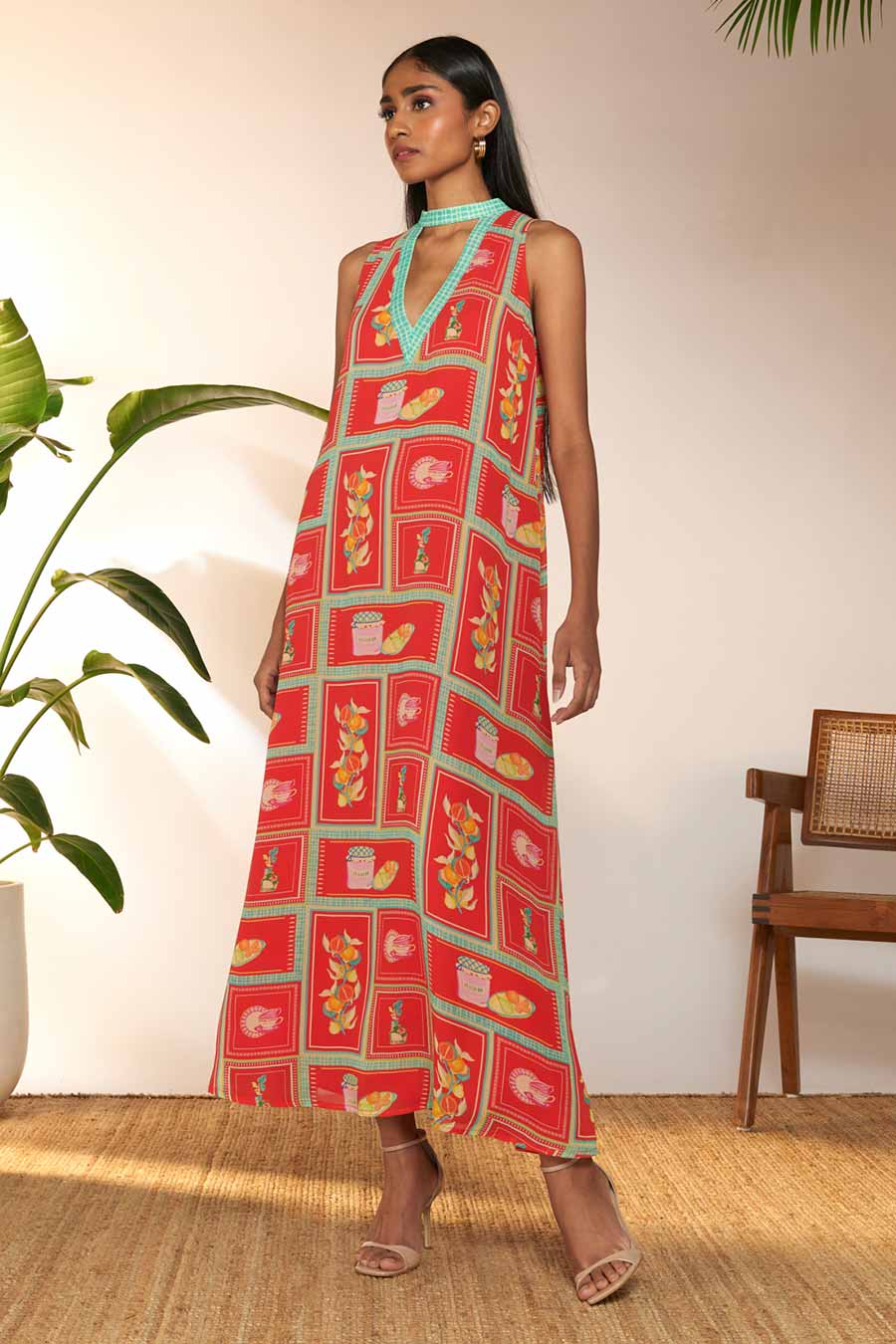 Red Checkmate Printed Maxi Dress