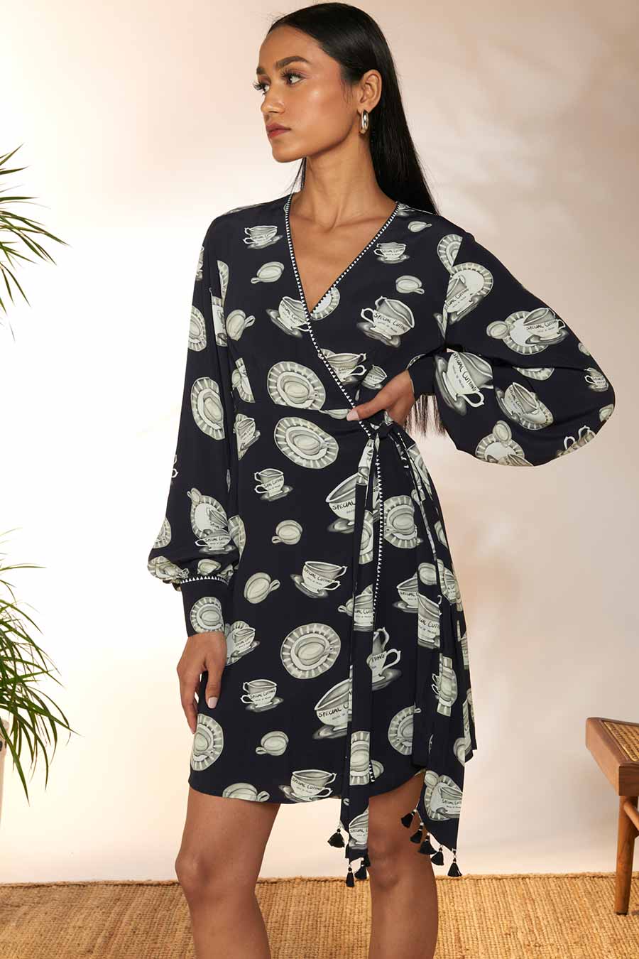 Black Printed Short Wrap Dress