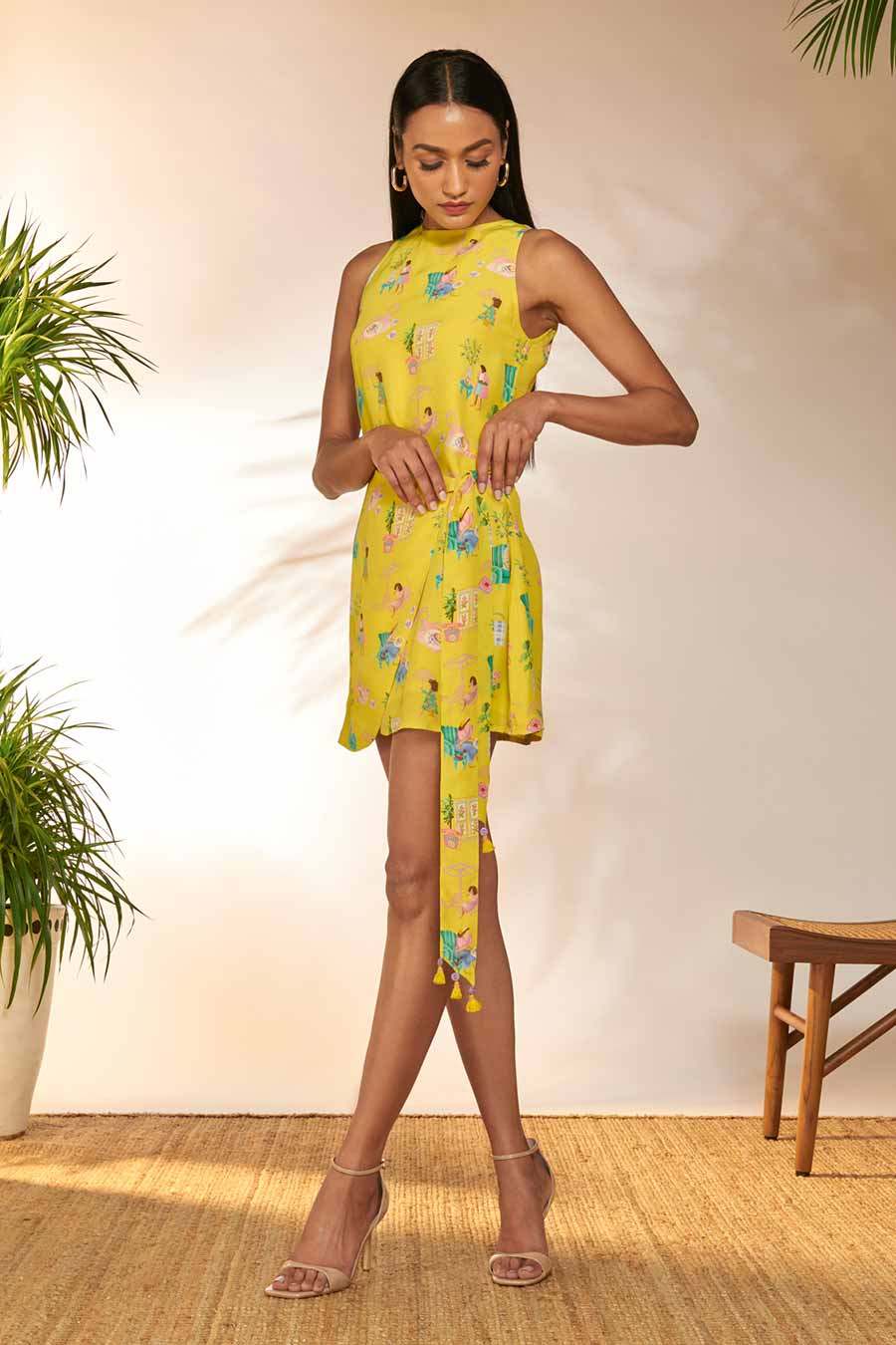 Lemon Yellow Printed Short Wrap Dress