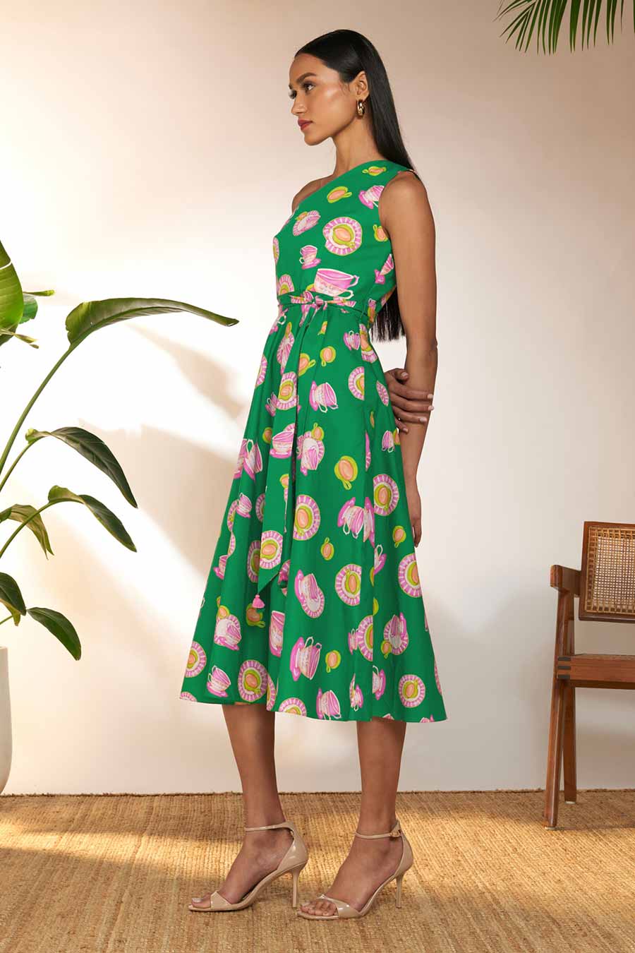 Green Printed One-Shoulder Midi Dress