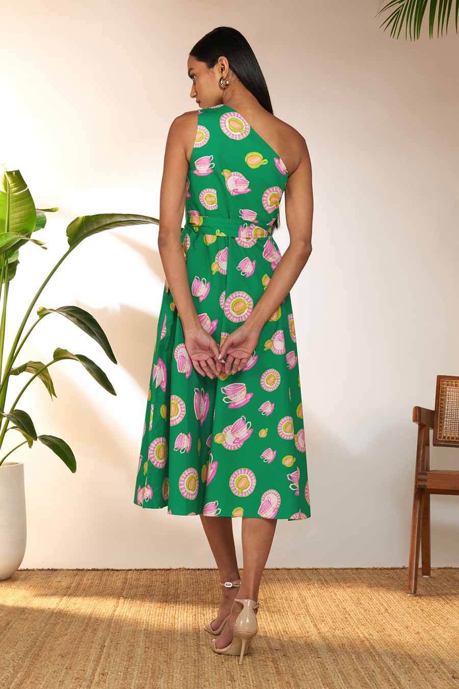 Green Printed One-Shoulder Midi Dress