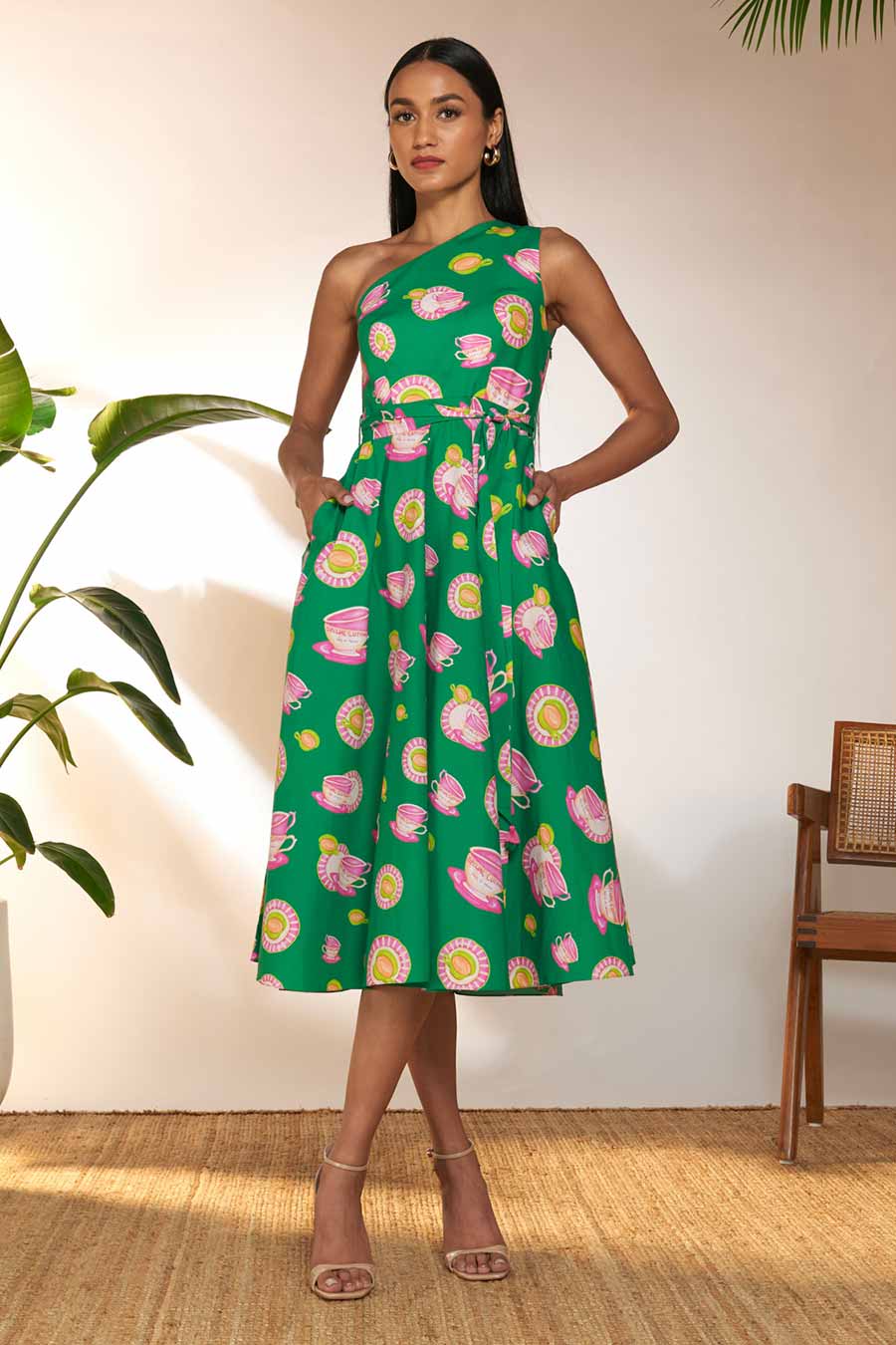 Green Printed One-Shoulder Midi Dress