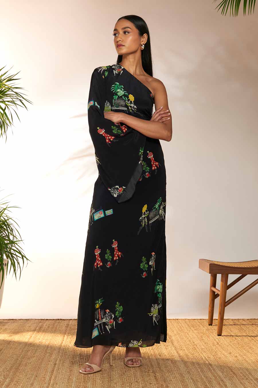 Black Tropicool Printed Slit Dress