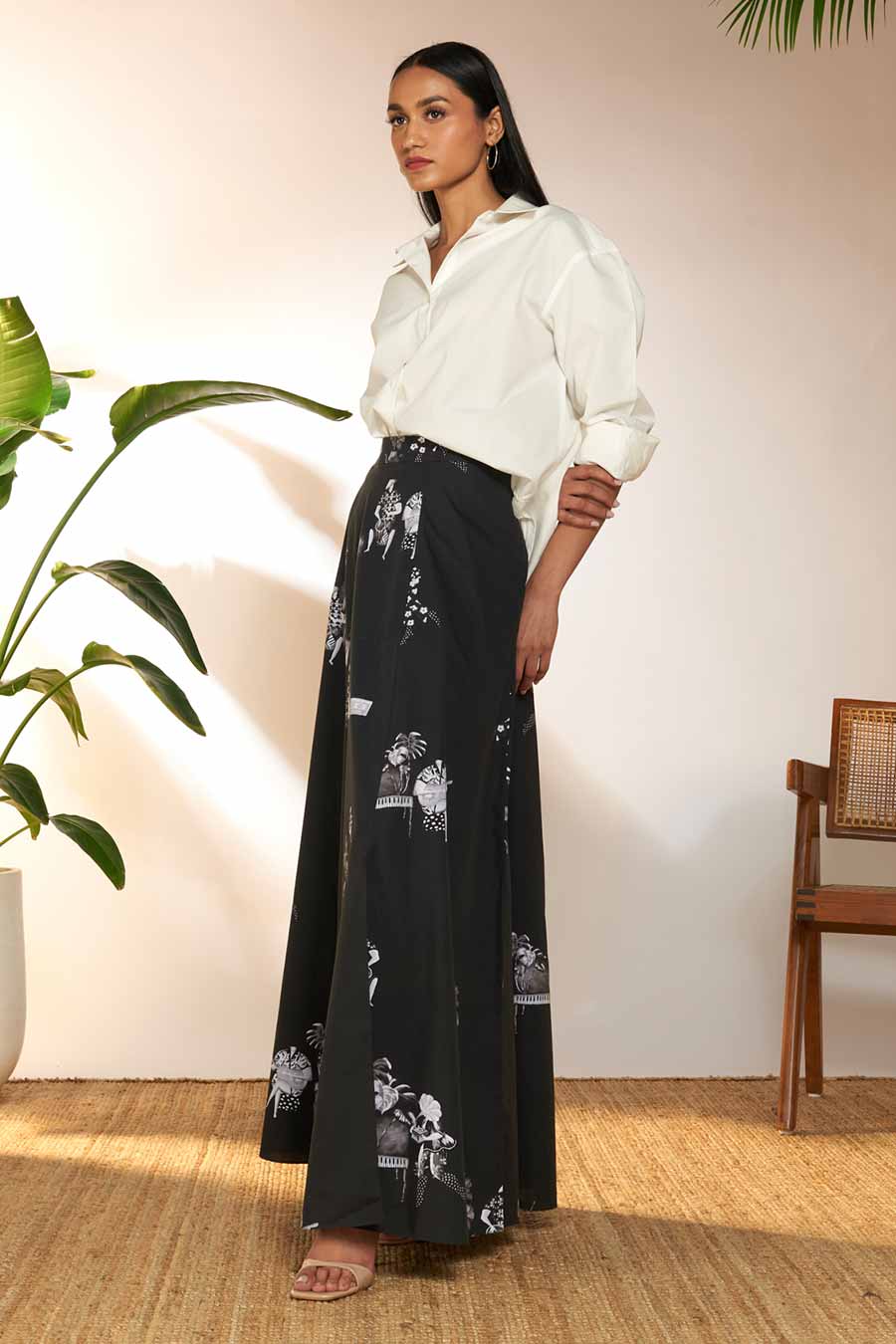 Black Tropicool Greyscale Printed Maxi Skirt