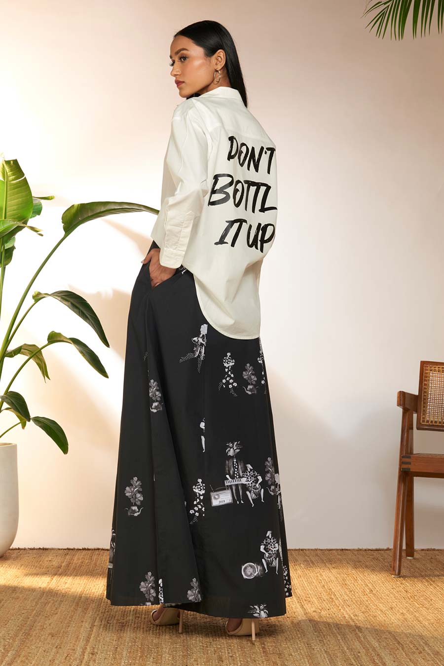 Black Tropicool Greyscale Printed Maxi Skirt