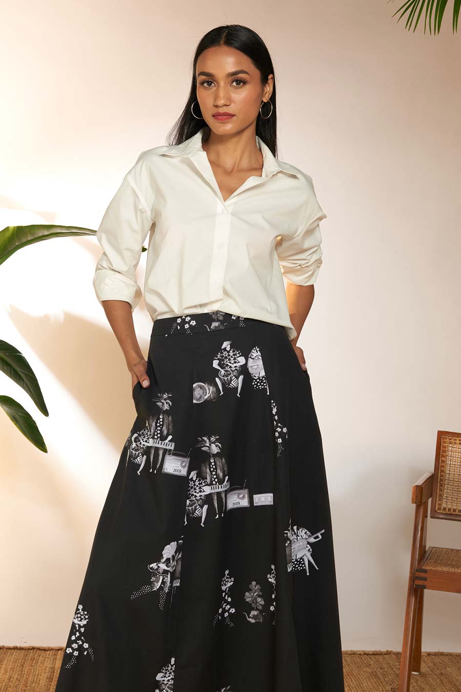 Black Tropicool Greyscale Printed Maxi Skirt