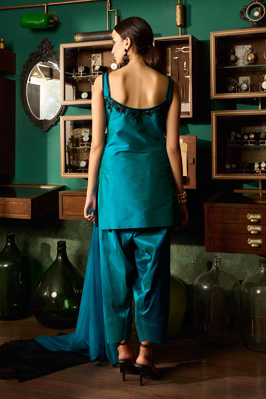 Teal Blue Embroidered Short Kurta Set