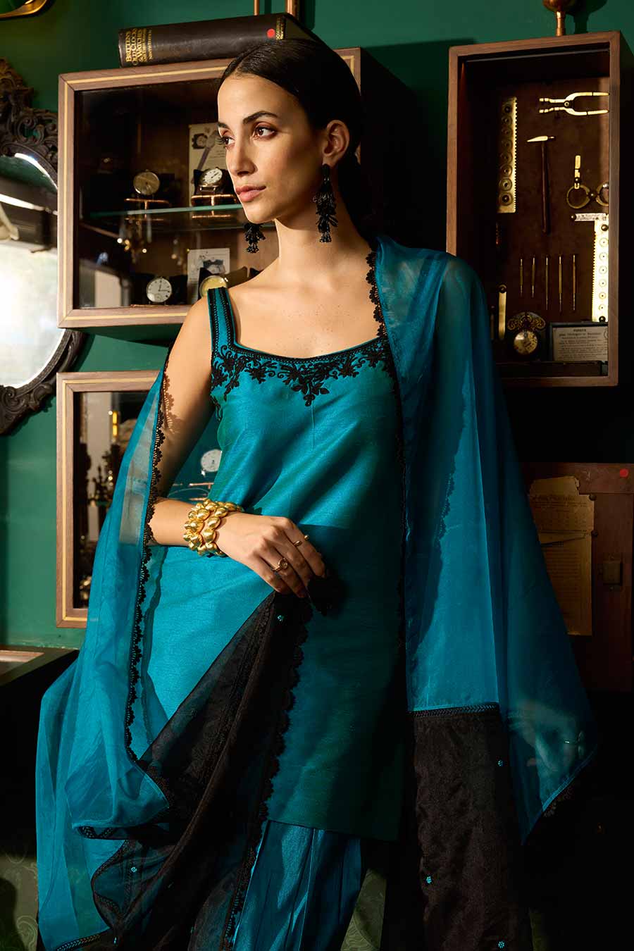 Teal Blue Embroidered Short Kurta Set