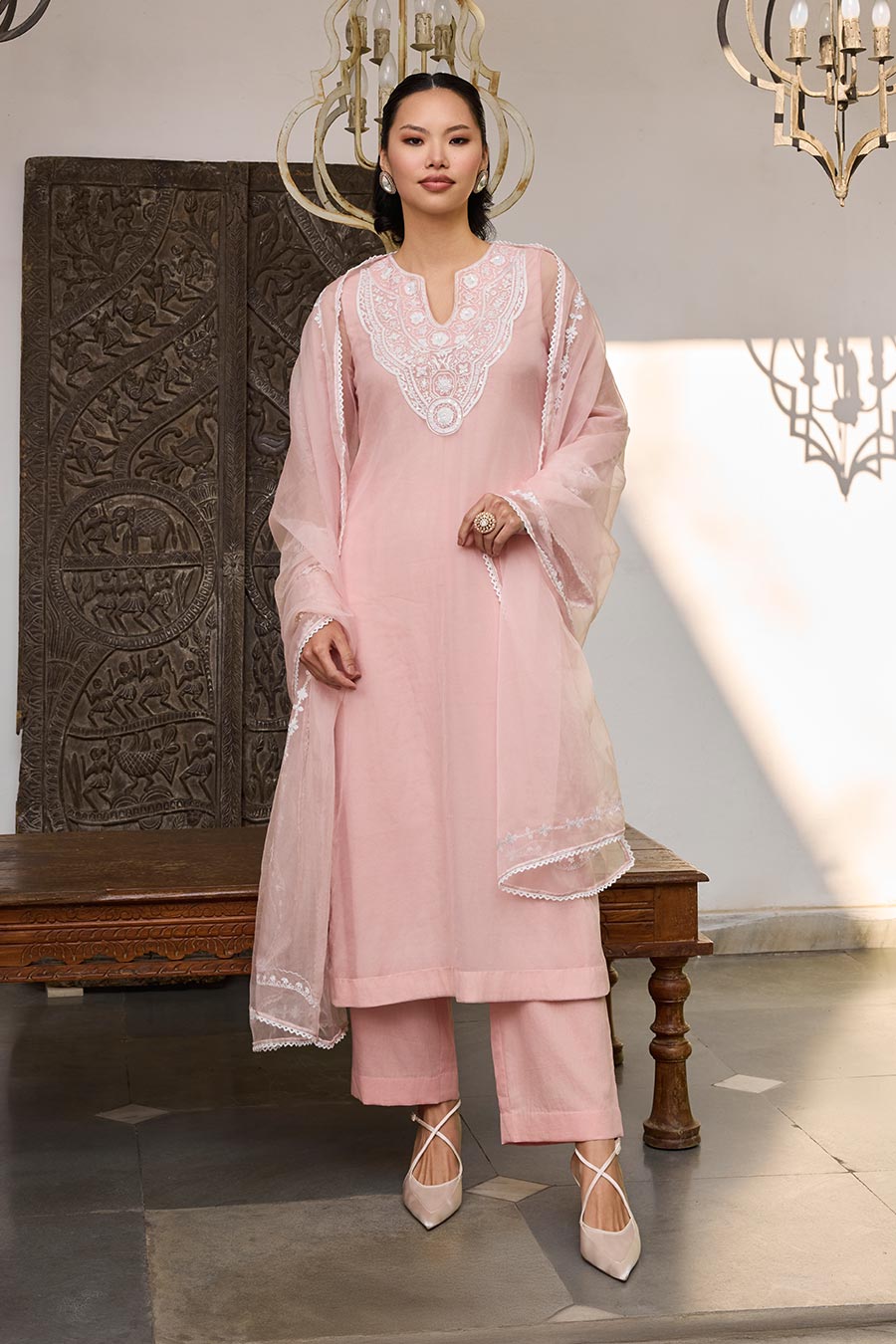 Pink Embroidered Organza Kurta Set