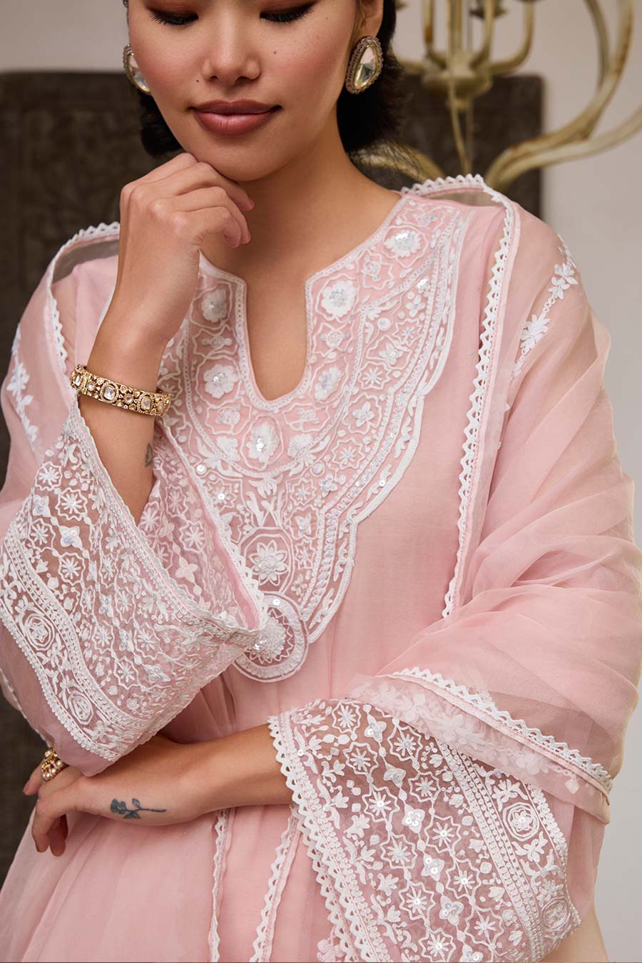 Pink Embroidered Organza Kurta Set