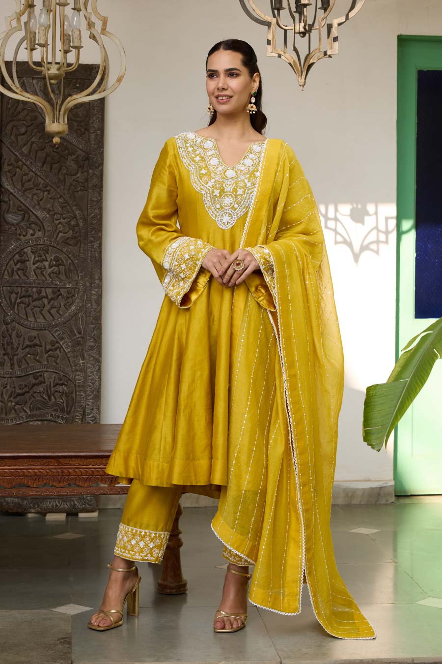 Yellow Embroidered Chanderi Silk Anarkali Set