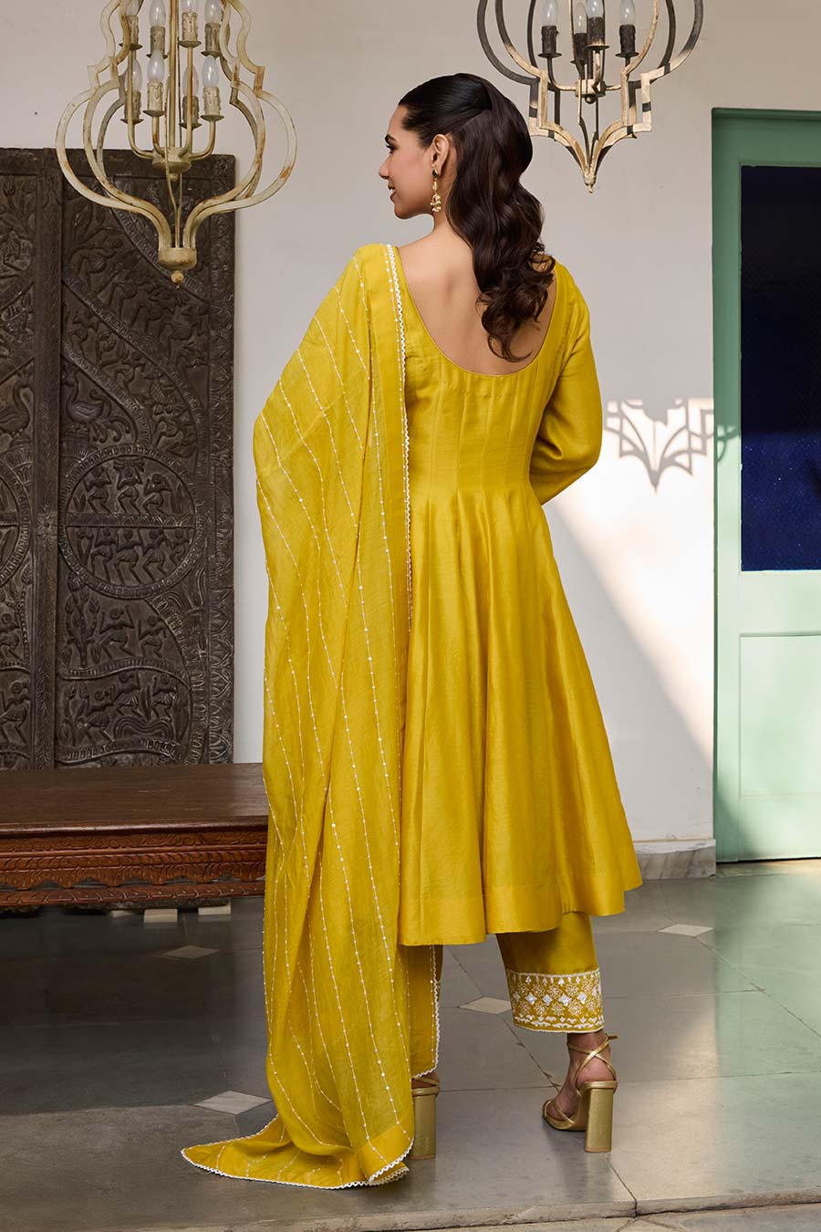 Yellow Embroidered Chanderi Silk Anarkali Set