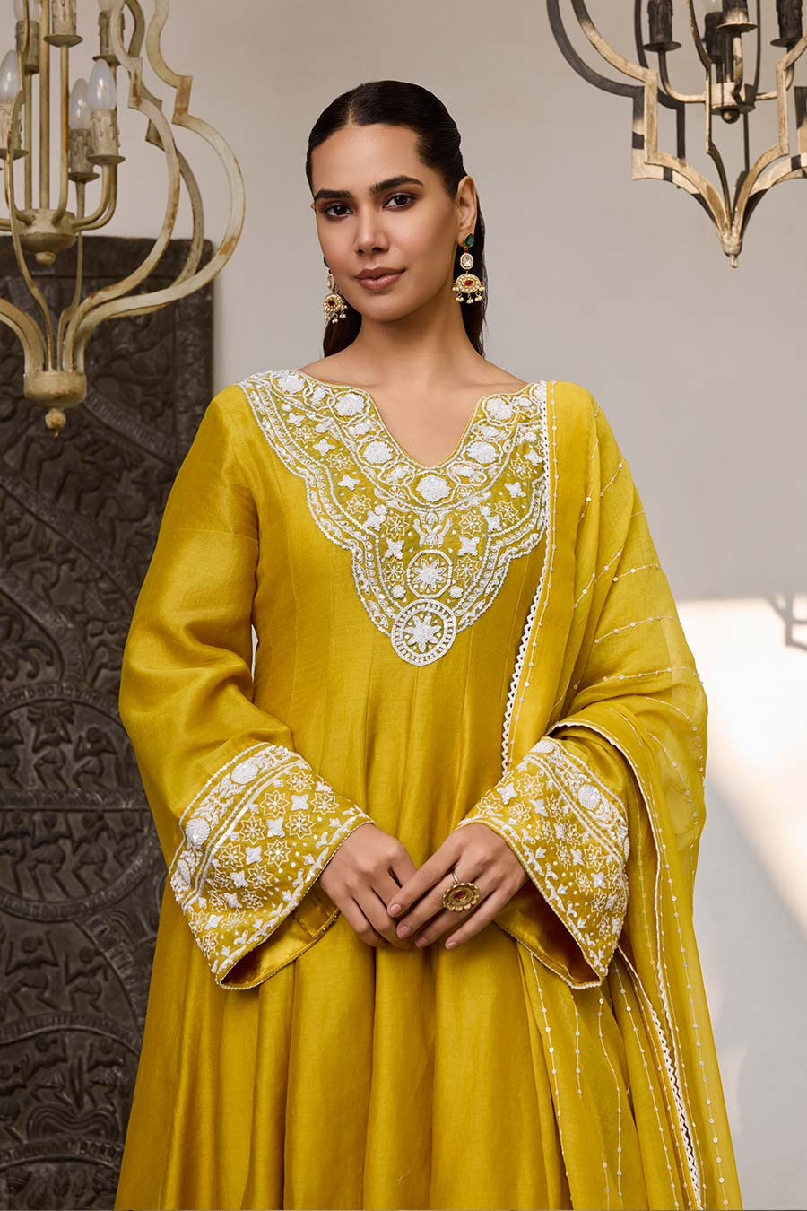 Yellow Embroidered Chanderi Silk Anarkali Set