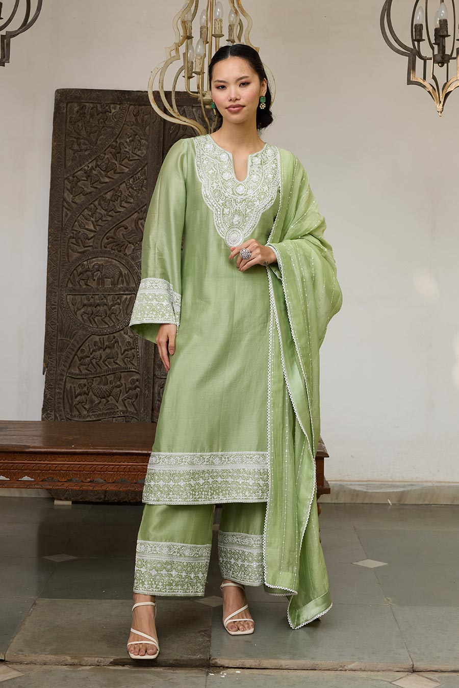 Green Embroidered Chanderi Silk Kurta Set