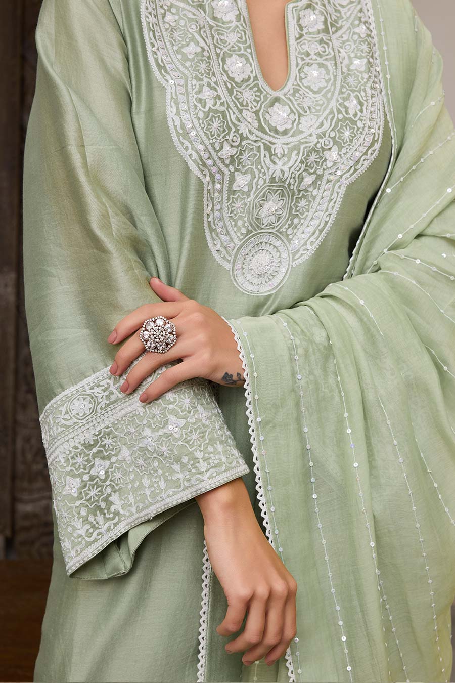 Green Embroidered Chanderi Silk Kurta Set