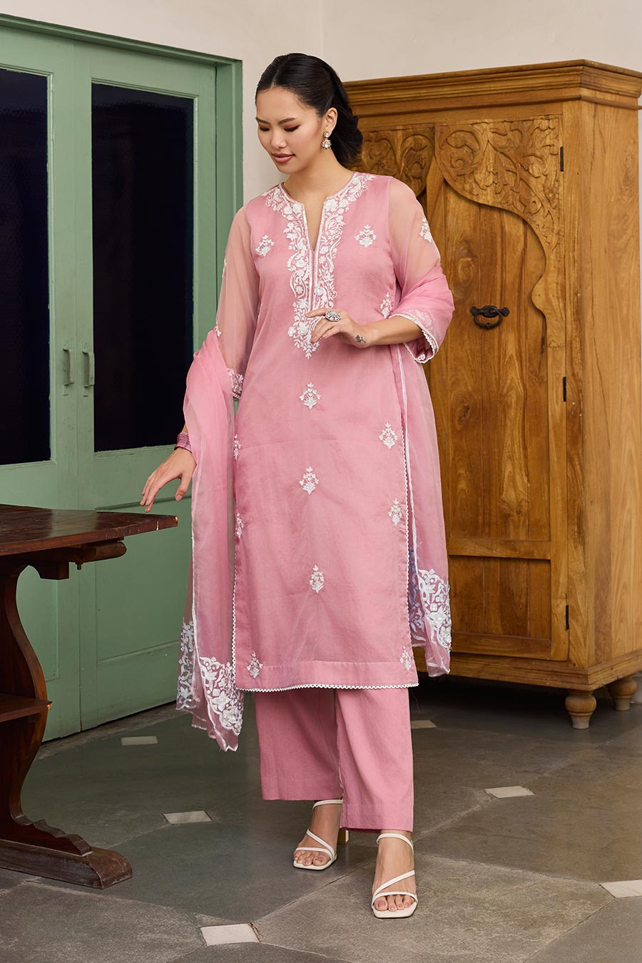 Pink Embroidered Organza Kurta Set