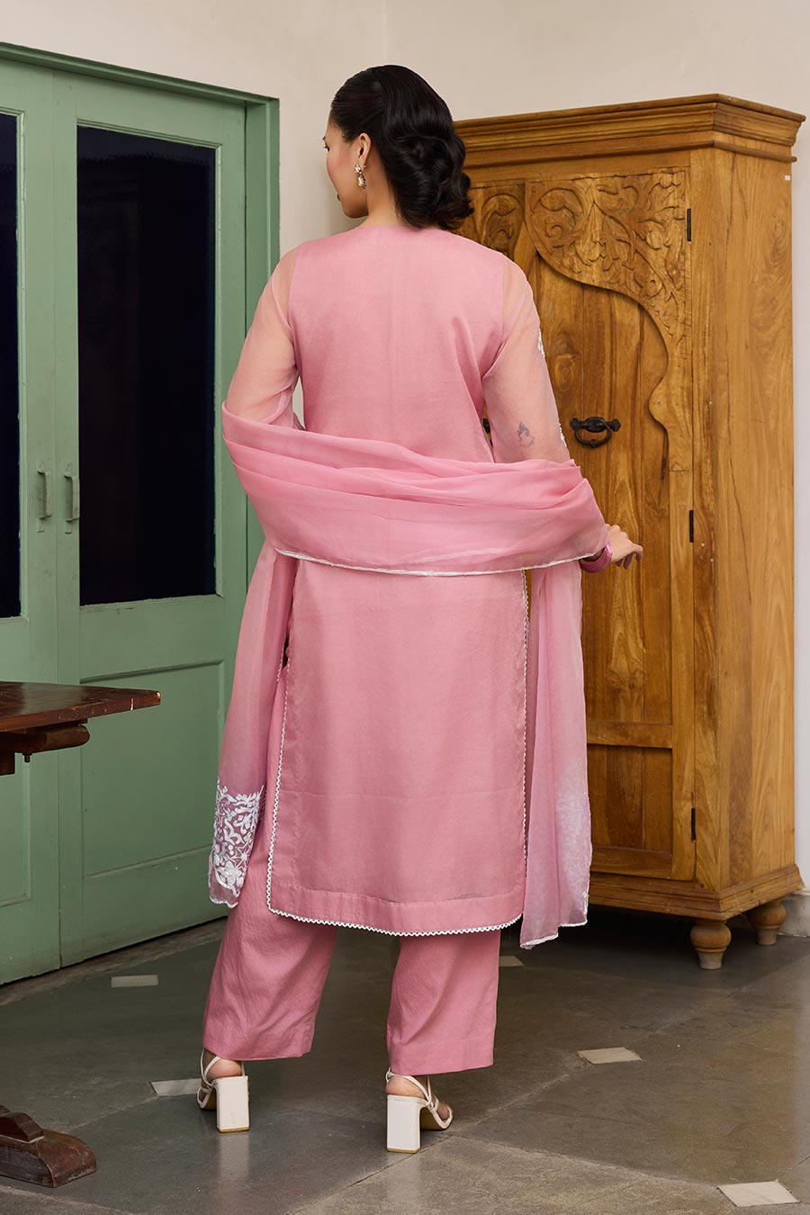 Pink Embroidered Organza Kurta Set