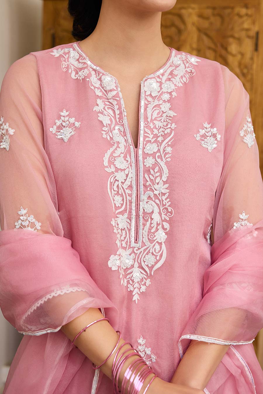 Pink Embroidered Organza Kurta Set