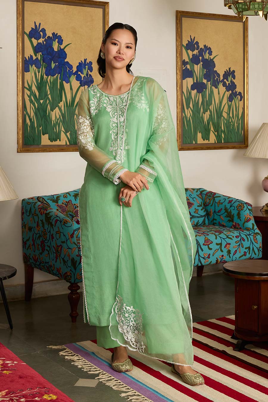 Green Embroidered Organza Kurta Set