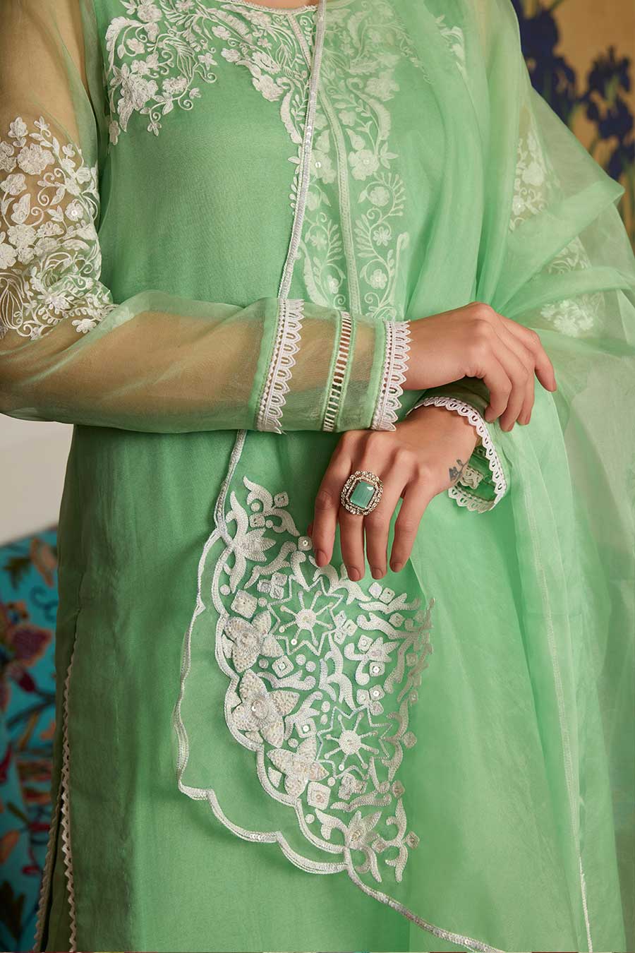 Green Embroidered Organza Kurta Set