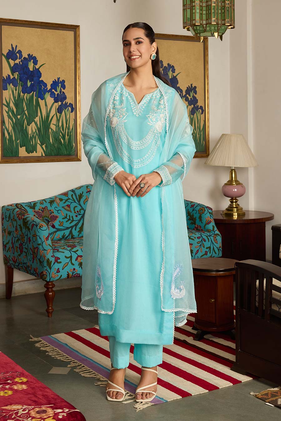 Blue Peacock Embroidered Organza Kurta Set