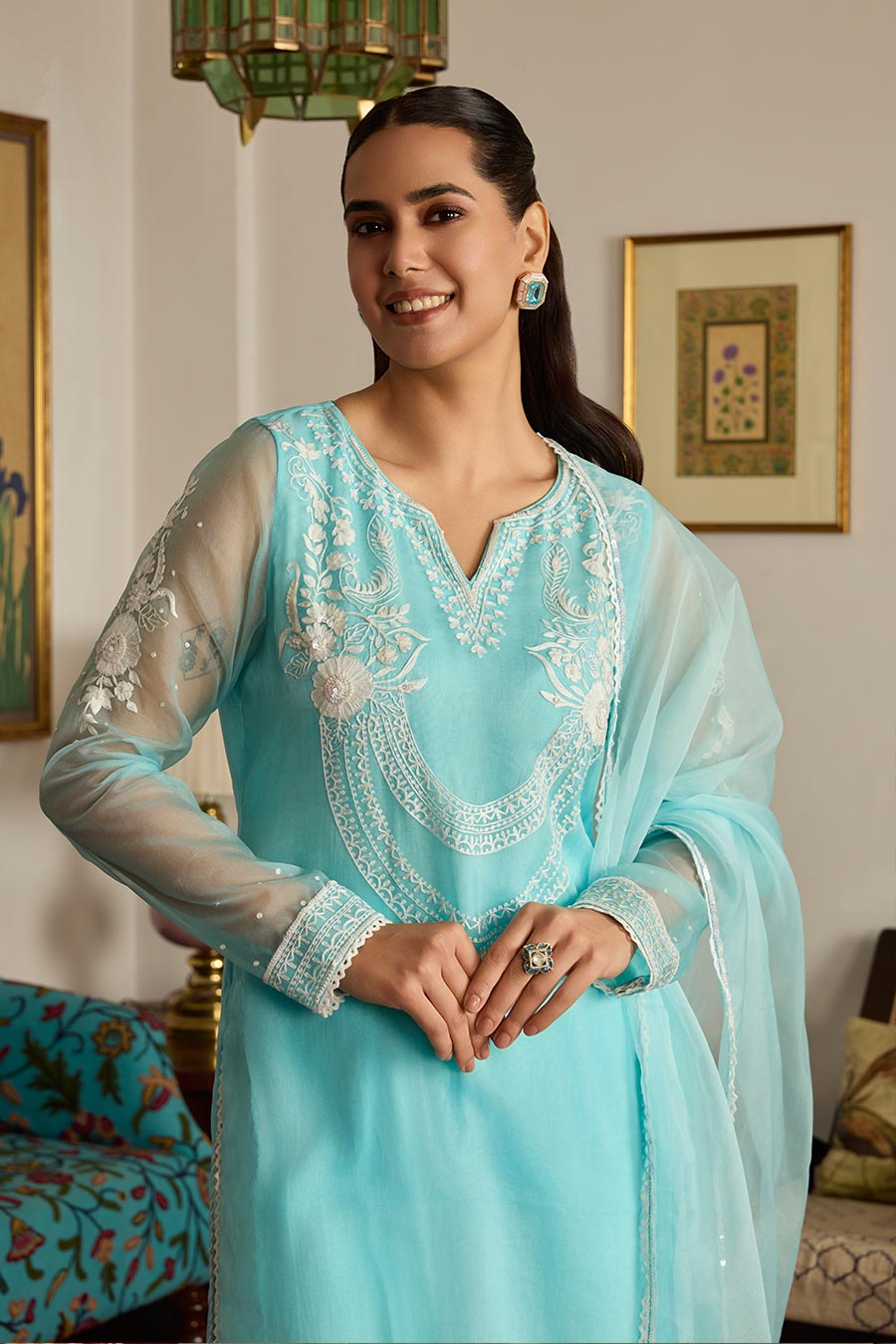 Blue Peacock Embroidered Organza Kurta Set