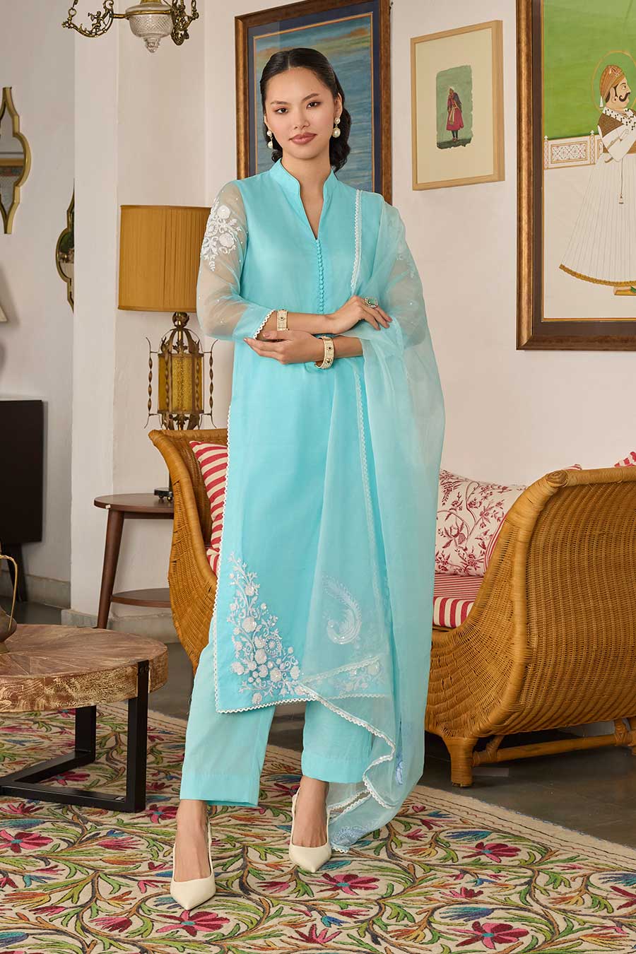 Blue Embroidered Organza Kurta Set