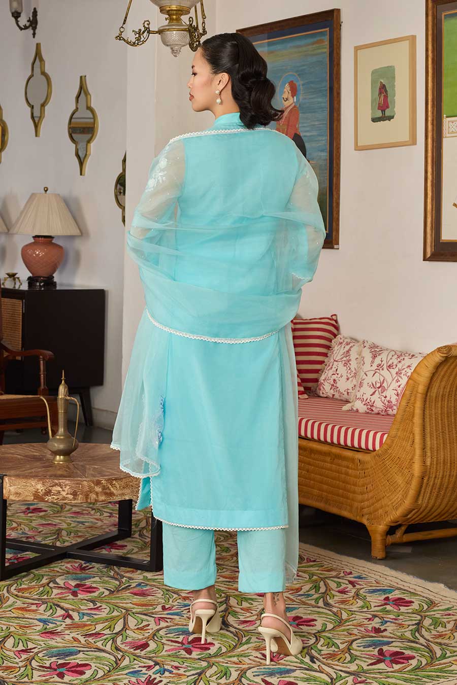 Blue Embroidered Organza Kurta Set