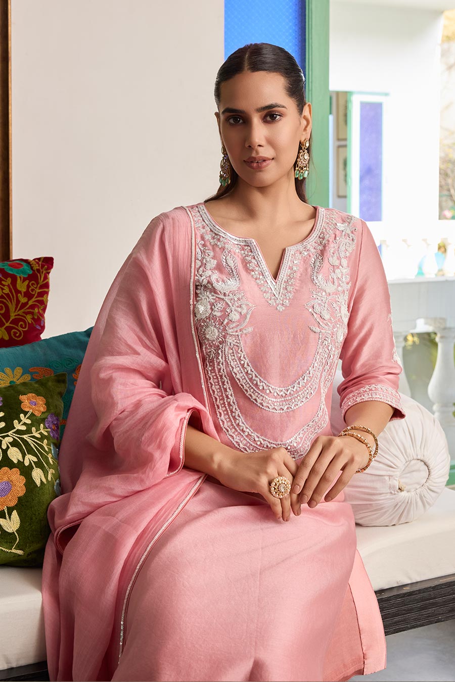 Pink Embroidered Chanderi Silk Kurta Set